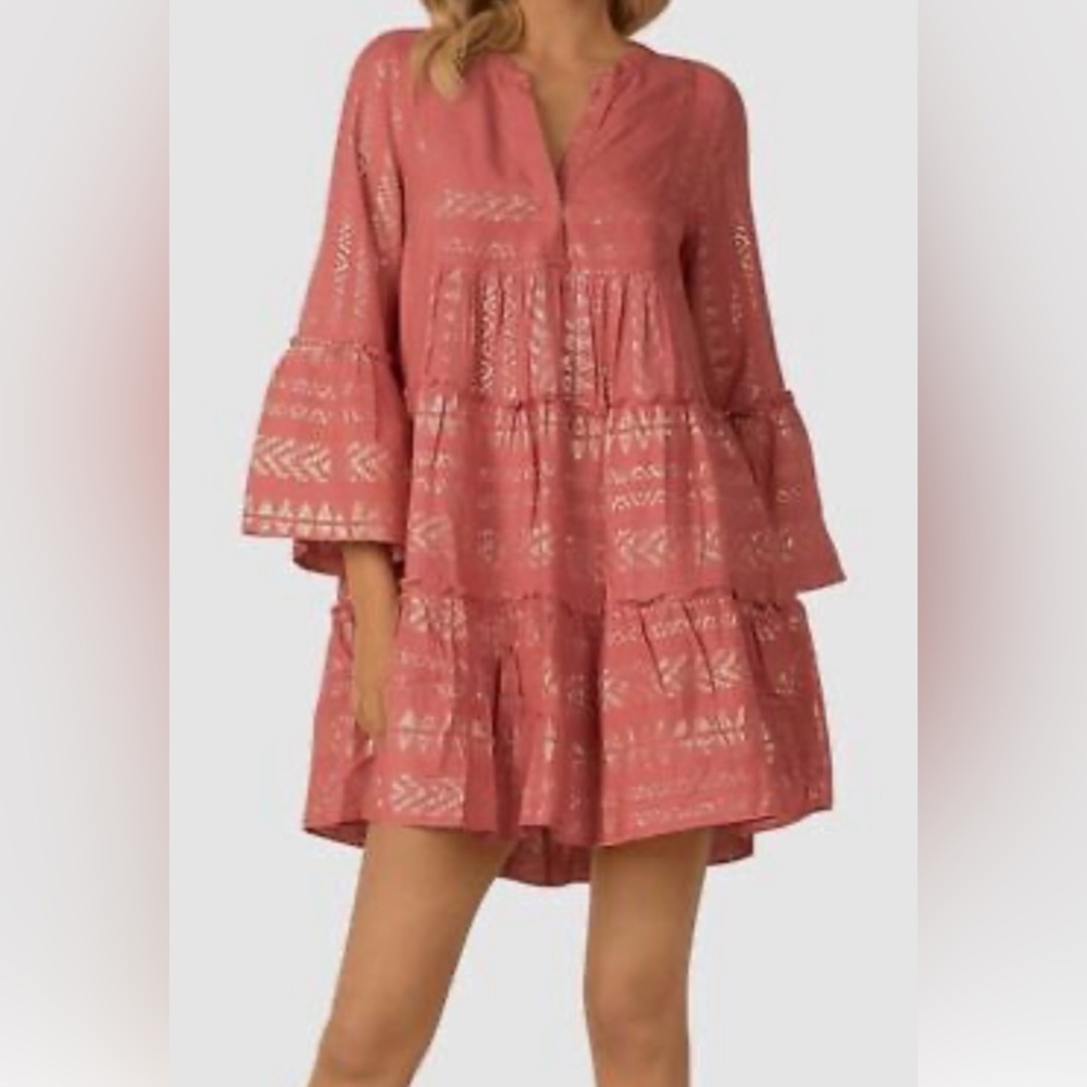Elan metallic print swing dress- excellent condition. Coral pink with gold